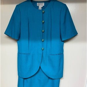 Atrium Teal  Light Tweed Short Sleeve Jacket & Skirt Suit Set Sz 10